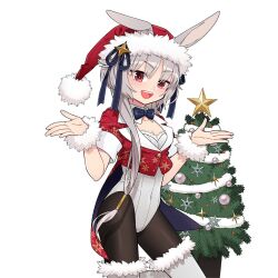 1girl animal_ears black_pantyhose blue_bow blue_bowtie boots bow bowtie breasts christmas_tree cony_crescent crescent grey_hair hat jacket leotard mini_hat open_mouth orange_eyes pantyhose plaid_clothes plaid_jacket playboy_bunny rabbit_ears red_jacket santa_hat thigh_boots uchako uchi_no_hime-sama_ga_ichiban_kawaii white_boots