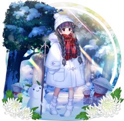 1girl alternate_costume alternate_headwear beanie black_hair blush boots bow braid closed_mouth coat flower flower_request footprints footwear_bow forest fur-trimmed_boots fur-trimmed_hood fur_trim game_cg hat highres hood hooded_coat jizou leaf long_earlobes long_hair long_sleeves looking_at_viewer nature official_art outdoors plaid_clothes plaid_scarf pocket red_eyes red_scarf rotte_(1109) scarf shakujou snow snowman socks solo staff third-party_source touhou touhou_lostword translation_request transparent_background tree twin_braids white_boots white_bow white_coat white_flower white_hat white_socks winter_clothes yatadera_narumi