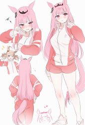 2girls alternate_costume animal_ears blush breasts confused cosplay gigi_murin heart highres hololive hololive_english horse_ears horse_girl horse_tail jacket kemonomimi_mode long_hair looking_at_viewer maru_ccy mori_calliope multiple_girls pink_eyes pink_hair red_jacket short_hair simple_background sketch smile tail tracen_training_uniform track_suit umamusume virtual_youtuber white_background