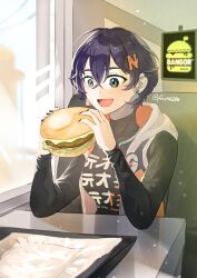 1girl :d belle_(zenless_zone_zero) black_nails black_shirt blue_hair blurry blurry_background burger burger_bangor eating firlyag28e food green_eyes hair_between_eyes hair_ornament hairclip highres holding indoors jacket long_sleeves open_mouth restaurant shirt short_hair sitting smile solo table upper_body window zenless_zone_zero