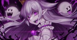 1girl boo_(mario) choker colored_eyelashes crown doku-chan_(dokkudokudoku) fangs female_focus frilled_choker frills long_hair mario_(series) new_super_mario_bros._u_deluxe nintendo open_mouth pale_skin pointy_ears princess_king_boo purple_eyes purple_hair solo super_crown teeth