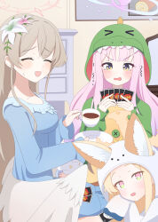 3girls absurdres alligator_costume alternate_costume angel_wings animal_costume bird_costume blonde_hair blue_archive blue_dress blue_pajamas blush brown_hair closed_eyes commentary cup dress flower fortysansan green_pajamas hair_flower hair_ornament halo highres holding holding_cup holding_plate indoors long_hair mika_(blue_archive) multicolored_eyes multiple_girls nagisa_(blue_archive) open_mouth pajamas pink_hair pink_halo plate seia_(blue_archive) uno_(game) white_pajamas wings yellow_eyes yellow_halo