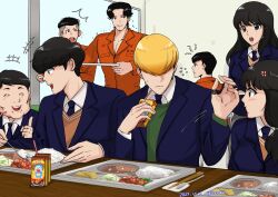 2girls 6+boys :d :o anger_vein artist_name black_hair blazer blush brown_eyes brown_sweater_vest chocolate_milk dated doraemon_(character) eating facial_hair food frown hair_over_eyes highres hong_jae-yeol index_finger_raised indoors jacket jewelry korean_commentary lee_eun-tae long_hair lookism mixed-language_commentary multiple_boys multiple_girls necktie open_mouth park_bum-jae park_ha-neul park_hyung-suk pyeon_duk-ha rice ring school_uniform sitting smile spoon stubble sweater_vest tray window yucchi_(apple-panda)