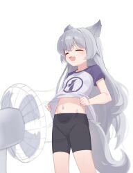 1girl absurdres animal_ears arsyky14 bike_shorts blush closed_eyes electric_fan fang grey_hair highres jaana_kettu long_hair midriff navel original print_shirt shirt simple_background skin_fang solo standing stomach tail very_long_hair white_background wolf_ears wolf_tail