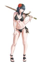 1girl absurdres bare_arms bare_legs bare_shoulders bikini black_bikini blue_hair breasts byleth_(fire_emblem) closed_mouth collarbone commentary english_commentary eyelashes feet female_byleth_(fire_emblem) female_byleth_(summer)_(fire_emblem) fire_emblem fire_emblem:_three_houses fire_emblem_heroes flower full_body gluteal_fold gold_trim hair_flower hair_ornament hand_up highres holding holding_sword holding_weapon large_breasts legs looking_at_viewer medium_hair navel nintendo official_alternate_costume over_shoulder pomelomelon red_flower sandals shadow simple_background solo standing stomach swimsuit sword sword_of_the_creator sword_over_shoulder toenails toes weapon weapon_over_shoulder white_background