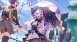 2boys 2girls azukimaru belle_(zenless_zone_zero) black_jacket black_pantyhose black_shirt black_thighhighs blonde_hair blue_eyes blue_hair blue_sky character_request clothes_writing cloud dress fingerless_gloves gloves green_eyes highres holding holding_umbrella hood hooded_jacket jacket lamppost long_hair looking_at_another looking_at_viewer multiple_boys multiple_girls open_mouth orange_gloves pantyhose pointy_ears red_eyes shirt short_hair sky sleeveless sleeveless_jacket smile teeth thighhighs umbrella upper_teeth_only vivian_banshee white_dress white_eyes white_hair wise_(zenless_zone_zero) zenless_zone_zero