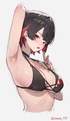 1girl alternate_costume arm_up armpits bikini black_bikini black_choker black_hair blush breasts choker colored_inner_hair ear_piercing ellen_joe highres large_breasts looking_at_viewer multicolored_hair nail_polish open_mouth piercing red_eyes red_hair red_nails short_hair solo sooon swimsuit teeth two-tone_hair upper_body upper_teeth_only white_background zenless_zone_zero
