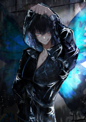 1boy absurdres antinese black_hair black_jacket blood blood_on_face blue_eyes butterfly_wings drawstring evil_smile fate/grand_order fate_(series) hair_between_eyes hand_in_pocket highres hood hood_up hooded_jacket insect_wings jacket long_sleeves male_focus oberon_(fate) oberon_(moody_summer_oberon)_(fate) oberon_(third_ascension)_(fate) partially_unzipped smile solo wings