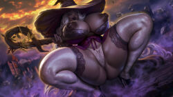 1girl absurdres ass black_lips black_skin breasts bursting_breasts colored_eyelashes colored_skin dark-skinned_female dark_skin dutch_angle elden_ring elden_ring_nightreign full_body hat hat_over_one_eye highleg highleg_panties highres holding holding_staff huge_ass large_hat long_hair mister69m open_clothes outdoors panties parted_lips purple_hat recluse_(elden_ring) revealing_clothes shiny_skin simple_background skindentation sky solo source_request squatting staff thong underwear very_dark_skin very_long_hair white_eyelashes white_hair white_panties wide_hips witch witch_hat