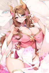 1girl absurdres artist_name blue_eyes breasts brown_hair cleavage cleavage_cutout clothing_cutout commission dragon_horns floral_print flower gold_trim hair_between_eyes hair_flower hair_ornament highres horns indie_virtual_youtuber large_breasts northern_kiss pelvic_curtain pink_flower pink_nails pointy_ears smile solo tassel thighhighs twitter_username vgen_commission virtual_youtuber weiic white_thighhighs wide_sleeves