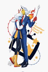 Rule 34 | 1boy, 1girl, black shoes, blue skin, boots, cloud hair, colored skin, deltarune, elnina (deltarune), gloves, highres, holding, lanino (deltarune), necktie, pants, pointer, red necktie, reignbeaux13, shirt, shoes, smile, white hair, yellow boots, yellow skin
