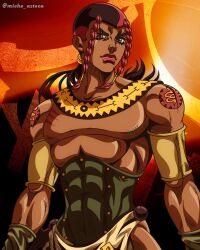1boy abs araki_hirohiko_(style) arm_tattoo armband armlet braid brown_eyes brown_hair chest_tattoo closed_mouth commentary corset dark-skinned_male dark_skin english_commentary green_corset highres jewelry jojo_no_kimyou_na_bouken long_hair looking_at_viewer male_focus micho_azteca multicolored_hair muscular muscular_male native_american necklace official_style red_hair red_lips sandman_(sbr) snake_tattoo solo steel_ball_run tattoo topless_male twin_braids two-tone_hair