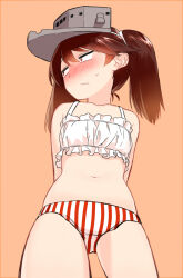 10s 1girl bikini blew_andwhite blush brown_hair cinderella_bust embarrassed female_focus frilled_bikini frills hat head_tilt highres kantai_collection long_hair mismatched_bikini navel red_eyes ryuujou_(kancolle) simple_background solo stomach striped_bikini striped_clothes swimsuit tankini twintails vertical_stripes visor_cap
