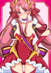 1girl araaraneko blush breasts closed_mouth embarrassed gloves gluteal_fold highres large_breasts leotard navel pink_eyes pink_hair princess_zeal princession_orchestra print_leotard puffy_short_sleeves puffy_sleeves red_gloves red_leotard shikibe_kagari short_sleeves showgirl_skirt smile solo twintails