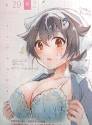 1girl bandana black_hair blue_bra blush bra breasts cleavage dated hair_between_eyes hair_flaps hair_ornament highres jingei_(kancolle) kantai_collection kirisawa_juuzou large_breasts open_clothes open_mouth photo_(medium) red_eyes solo sweat traditional_media twitter_username underwear upper_body whale_hair_ornament