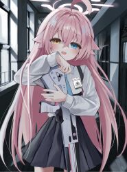 Rule 34 | 1girl, absurdres, ahoge, black skirt, blue archive, blue eyes, blush, chii (k ung), collared shirt, cowboy shot, hair between eyes, halo, highres, holding, hoshino (blue archive), indoors, long hair, long sleeves, looking at viewer, necktie, open mouth, pink hair, pleated skirt, shirt, skirt, sleeves past wrists, solo, standing, unfinished, very long hair, weapon, white shirt, window, yellow eyes