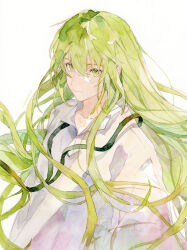 1other androgynous blouse closed_mouth collared_shirt commentary_request enkidu_(fate) expressionless fate/grand_order fate_(series) floating_hair green_eyes green_hair lirseven long_hair long_sleeves looking_ahead looking_at_viewer other_focus painting_(medium) shirt simple_background straight_hair traditional_media upper_body very_long_hair watercolor_(medium) white_background white_shirt