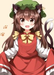 1girl :d alternate_hair_length alternate_hairstyle animal_ear_fluff animal_ear_piercing animal_ears blush bow bowtie brown_eyes brown_hair cat_ears cat_girl chen commentary cowboy_shot fang frilled_skirt frills green_hat hat highres long_hair long_sleeves looking_at_viewer mob_cap multiple_tails open_mouth red_skirt red_vest ruu_(tksymkw) shirt simple_background skirt skirt_hold skirt_set smile solo tail touhou two_tails vest white_shirt yellow_bow yellow_bowtie