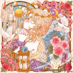 1girl angel bird blonde_hair blue_eyes blush broken_vase candle cloud cuffs feathered_wings fire flower halo handcuffs highres jewelry long_hair looking_up mtirn3373 necklace original own_hands_clasped own_hands_together parted_lips pink_flower pink_ribbon pink_rose praying profile red_flower red_rose ribbon rose single_bare_shoulder solo square star_(symbol) sun_symbol vase white_bird white_flower wings yellow_halo
