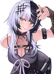1girl absurdres black_arm_warmers black_choker black_dress black_hair black_nails breasts chest_belt choker cleavage commentary dress gloves grey_hair hair_ornament highres hololive hololive_english lace lace-trimmed_choker lace_choker lace_trim large_breasts long_hair looking_at_viewer multicolored_hair shiori_novella shiori_novella_(1st_costume) simple_background smile solo split-color_hair striped_arm_warmers striped_clothes striped_gloves two-tone_hair virtual_youtuber white_background yamanka yellow_eyes