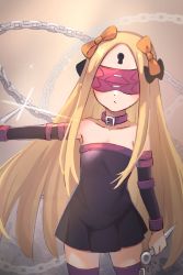 1girl abigail_williams_(fate) bare_shoulders black_bow black_dress black_sleeves blindfold blonde_hair blue_eyes blush bow breasts chain closed_mouth collar collarbone cosplay dagger detached_sleeves dress fate/grand_order fate/stay_night fate_(series) forehead glint hair_bow highres keyhole knife long_hair long_sleeves looking_at_viewer medusa_(fate) medusa_(rider)_(fate) medusa_(rider)_(fate)_(cosplay) miya_(miyaruta) multiple_bows nameless_dagger_(fate) orange_bow parted_bangs purple_collar short_dress sidelocks small_breasts strapless strapless_dress thighs weapon