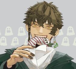 Rule 34 | ambiguous gender, androgynous, brown hair, dessert, donut, earrings, eye symbol, eyelashes, food, ghost, hair between eyes, holding, holding food, jewelry, looking at viewer, nail polish, original, sharp teeth, short hair, simple background, sweets, teeth, yellow eyes, yksm ktn