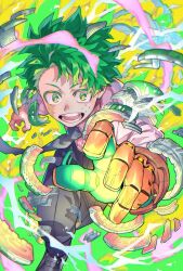 1boy black_pants boku_no_hero_academia boots commentary_request debris facial_scar freckles gloves green_eyes green_hair highres male_focus midoriya_izuku multicolored_gloves open_mouth outstretched_arm pants reaching reaching_towards_viewer roho_rkgk running scar scar_on_cheek scar_on_face short_hair smile smoke solo superhero_costume teeth