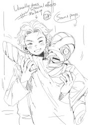 Rule 34 | 1boy, alternate universe, bandages, closed eyes, curly (mouthwashing), curly (post-crash) (mouthwashing), curly (pre-crash) (mouthwashing), facing viewer, good end, grin, highres, holding, hospital gown, long sleeves, male focus, mouthwashing, paki2000, parted bangs, puppet, simple background, smile, upper body