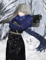 1girl :d aiming aiming_at_viewer bare_tree belt belt_pouch bkornblume black_coat black_dress black_gloves blue_eyes blue_scarf coat coat_dress dress fennec_fox floating_hair forest gloves grey_hair gun handgun highres holding holding_gun holding_weapon long_hair looking_at_viewer lune nature open_mouth outstretched_arm outstretched_hand pouch reverse:1999 sam_browne_belt scarf smile snow snowing solo sparkle tree upper_body weapon winter