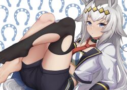 1girl absurdres animal_ears barefoot black_shorts black_thighhighs blue_eyes blush braid breasts cleavage closed_mouth collar cropped_jacket expressionless feet gold_trim grey_hair grey_tail hair_ornament highres horse_ears horse_girl horse_tail jacket kiri_kiri knees_up leaning_back legs long_hair long_sleeves looking_at_viewer medium_breasts necktie no_shoes oguri_cap_(umamusume) open_clothes open_jacket patterned_background red_necktie short_shorts shorts sidelocks single_braid skindentation solo tail thighhighs thighs toes umamusume very_long_hair white_background