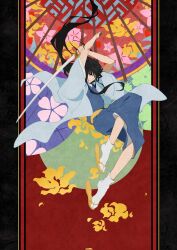 Rule 34 | 1boy, androgynous, arms up, black hair, blue kimono, closed mouth, commentary, commentary request, floating hair, full body, gintama, grey haori, highres, holding, holding sword, holding weapon, huoze76020, japanese clothes, katana, katsura kotarou, kimono, long hair, looking at viewer, male focus, pillarboxed, ponytail, sandals, socks, solo, sword, tabi, very long hair, weapon, white socks, zouri