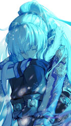 1boy baiye_renxing black_boots black_gloves black_pants blue_jacket blue_theme boots closed_eyes dungeon_and_fighter feet_out_of_frame glacial_master_(dungeon_and_fighter) gloves highres jacket knees_to_chest long_hair male_focus male_mage_(dungeon_and_fighter) pants ponytail snow solo white_hair