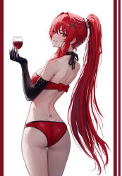1girl arched_back ass back back_tattoo bandeau bow bowtie claws cup drinking_glass from_behind gloves grin hair_tie haruyuki_(karem) highres looking_at_viewer looking_back mole mole_on_ass panties ponytail punishing:_gray_raven red_eyes red_hair single_glove smile solo standing tattoo tramp_stamp underwear vera_(pgr) wine_glass
