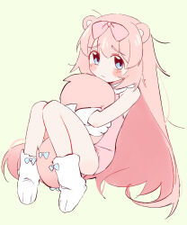 Rule 34 | 1girl, animal ears, blue eyes, blush, blush stickers, bow, chromu, full body, gloves, green background, hair bow, highres, hugging own tail, hugging tail, indie virtual youtuber, long hair, looking at viewer, paw gloves, paw shoes, pink hair, simple background, solo, tail, tail bow, tail ornament, very long hair, virtual youtuber