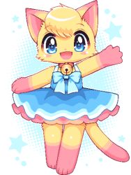 1girl :d animal_ears animal_feet animal_hands bell blue_bow blue_dress blue_eyes bow cat_ears cat_girl cat_tail collar colorpoint commentary_request dress furry furry_female jaggy_lines jingle_bell looking_at_viewer lowres oekaki open_mouth original pink_fur smile star_(symbol) tail takiune yellow_fur