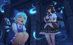 Rule 34 | 2girls, :o, aqua eyes, aqua hair, bag, black bow, black bowtie, black hair, black skirt, black wings, blue bow, blue dress, blue eyes, book, bow, bowtie, cirno, closed mouth, collared shirt, commentary request, detached wings, dress, hair bow, hat, highres, hitodama, holding, holding book, holding pen, ice, ice wings, multiple girls, open mouth, outdoors, pen, pinafore dress, pointy ears, pom pom (clothes), puffy short sleeves, puffy sleeves, red eyes, red hat, red ribbon, ribbon, ribbon-trimmed skirt, ribbon trim, roke (taikodon), shameimaru aya, shirt, short hair, short sleeves, shoulder bag, skirt, sleeveless, sleeveless dress, squatting, standing, tokin hat, touhou, white shirt, wings