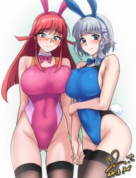 Rule 34 | 2girls, animal ears, black thighhighs, blue bow, blue eyes, blue one-piece swimsuit, blush, bow, braid, breasts, competition swimsuit, covered navel, dated, detached collar, embarrassed, frown, grey hair, hair ornament, hairclip, highres, holding hands, large breasts, leotard, long hair, looking at viewer, multiple girls, one-piece swimsuit, pantyhose, pink bow, pink hair, pink one-piece swimsuit, playboy bunny, playboy bunny swimsuit, rabbit ears, red hair, renais cardiff shishiou, seolla schweizer, short hair, side braid, sunglasses, super robot wars, super robot wars alpha, super robot wars dd, super robot wars original generation, swimsuit, the 2nd super robot wars alpha, the 3rd super robot wars alpha, thighhighs, yoo tenchi, yuusha ou gaogaigar, yuusha ou gaogaigar final, yuusha series