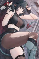 Rule 34 | 1girl, against wall, black hair, black shirt, black shorts, breasts, cafenami, cropped shirt, highres, jane doe (zenless zone zero), large breasts, long hair, see-through cleavage, see-through clothes, shirt, shorts, solo, standing, standing on one leg, zenless zone zero