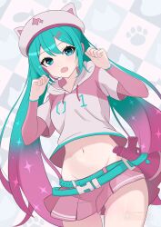 1girl absurdres animal_hat aqua_belt aqua_eyes aqua_hair beret blush cat_hat crop_top fang fortnite futatunoniji gradient_hair gun hair_ornament hairclip handgun hat hatsune_miku headset highres hood hoodie long_hair long_sleeves midriff multicolored_hair navel neko_hatsune_miku open_mouth pink_hair pink_hat pink_hoodie pink_skirt pink_sleeves short_sleeves skirt solo stomach twintails two-tone_hair vocaloid weapon
