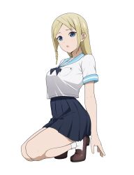 1girl absurdres black_skirt blonde_hair blue_eyes blue_sailor_collar braid commentary coro_fae hayasaka_ai high-waist_skirt highres kaguya-sama_wa_kokurasetai_~tensai-tachi_no_renai_zunousen~ loafers long_hair open_mouth paid_reward_available sailor_collar school_uniform serafuku shirt shoes short_sleeves side_braid simple_background single_braid skirt smithee_a._haysaca socks solo squatting thighs white_background white_shirt white_socks