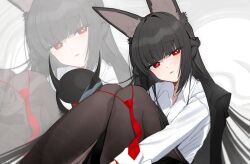 1girl animal_ears black_hair black_pantyhose blunt_bangs collarbone collared_shirt commentary_request eyeball fox_ears highres hoshimi_miyabi knees_up long_hair long_sleeves looking_at_viewer necktie open_mouth pantyhose red_eyes red_necktie shirt sitting smile unworn_necktie white_shirt zanya_000 zenless_zone_zero