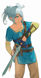 1girl absurdres alternate_costume alternate_hair_length alternate_hairstyle alternate_species arm_belt arm_guards arm_up asymmetrical_bangs asymmetrical_sidelocks belt belt_around_waist belt_buckle belt_pouch blue_eyes blue_tunic brown_gloves brown_pants buckle champion&#039;s_tunic_(zelda) collarbone colored_tips cosplay cross-shaped_pupils dot_nose elira_pendora eyebrows_hidden_by_hair fingerless_gloves gloves grey_hair grey_wings grin hair_intakes hair_over_one_eye hair_wings half-closed_eyes head_wings high_ponytail highres holding holding_sheath holding_sword holding_weapon karassawa knife_sheath layered_clothes leaning_back leather leather_belt leather_gloves legs_apart link link_(cosplay) long_eyelashes long_sidelocks long_sleeves looking_to_the_side master_sword medium_hair multicolored_hair multiple_belts narrowed_eyes nijisanji nijisanji_en nintendo pants parted_bangs parted_lips pointy_ears ponytail pouch raised_eyebrows scabbard sheath sheikah_slate short_sleeves side_slit sidelocks simple_background smile solo standing sword symbol-shaped_pupils teeth the_legend_of_zelda the_legend_of_zelda:_breath_of_the_wild thick_eyelashes triforce tunic two-tone_hair two-tone_wings virtual_youtuber weapon white_background white_hair white_trim white_wings winged_sword wings yellow_undershirt
