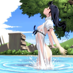 1girl ass bad_id bad_pixiv_id black_hair building closed_eyes cloud cowboy_shot day dress female_focus girl_with_golden_shoe kin_no_kutsu_gin_no_kutsu kouno_(masao) long_hair motion_blur original overgrown profile ripples ruins see-through_clothes sky solo splashing tree wading water wet wet_clothes