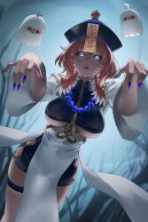 1girl absurdres aragiken bare_tree beads blue_eyes blue_hat blue_nails breasts newsboy_cap commentary english_commentary fingernails ghost hair_between_eyes hair_wings halloween hat highres hololive jiangshi large_breasts long_sleeves looking_at_viewer medium_hair nail_polish ofuda open_mouth outstretched_arms pink_hair prayer_beads sharp_fingernails takane_lui teeth thigh_strap thighs tree tsukune_(takane_lui) tsumire_(takane_lui) underboob upper_teeth_only virtual_youtuber wide_sleeves zombie_pose