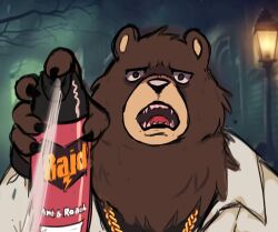 1boy animal_ears bear_boy bear_ears ben_bigger black_tank_top brown_fur bug_spray chain chain_necklace commentary disgust english_commentary fangs furry furry_male highres holding_sprayer jacket jewelry looking_at_viewer male_focus necklace open_mouth scared starbuchi symbol-only_commentary tank_top white_jacket wide-eyed zenless_zone_zero