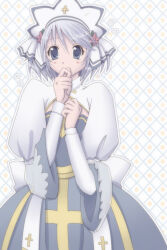 1girl arch_bishop_(ragnarok_online) blush checkered_background cleavage_cutout clothing_cutout commentary_request covering_own_mouth cowboy_shot cross dated_commentary dress grey_dress grey_eyes grey_hair headdress juliet_sleeves long_sleeves looking_at_viewer puffy_sleeves ragnarok_online sash sharari short_hair solo two-tone_dress white_background white_dress yellow_sash