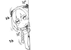 1boy androgynous araki_jeccy astolfo_(fate) blush bow cape chibi closed_mouth dot_nose fang fang_out fate/apocrypha fate_(series) greyscale hair_between_eyes hair_bow highres long_hair looking_at_viewer male_focus monochrome peeking_out simple_background smile solo white_background