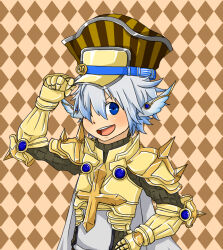 Rule 34 | 1boy, :d, armor, blue eyes, blue hair, blush, breastplate, brown background, brown hat, cape, chainmail, checkered background, commentary request, gauntlets, gold armor, grey cape, grey tabard, hair between eyes, hair over one eye, hat, head wings, long bangs, looking at viewer, male focus, meiko (nattu303), open mouth, ragnarok online, rune knight (ragnarok online), short hair, smile, solo, spiked pauldrons, upper body, white wings, wings