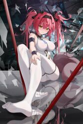Rule 34 | 1girl, absurdres, armlet, bare shoulders, black bow, black hairband, blush, bodysuit, bow, breasts, closed mouth, collar, commentary, earrings, hair bow, hair ornament, hairband, highres, jewelry, large breasts, long hair, looking at viewer, lu lu mao, lupa (wuthering waves), metal collar, multiple hair bows, no shoes, red pupils, reflective surface, revision, sitting, solo, tail, twintails, white bodysuit, wolf tail, wrist guards, wuthering waves, yellow eyes