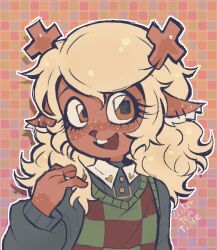 1girl :3 :d animal_ear_piercing animal_ears antlers blonde_hair brown_background brown_eyes buck_teeth checkered_clothes checkered_sweater_vest collared_shirt commentary dark-skinned_female dark_skin deer_antlers deer_ears deer_girl deltarune english_commentary freckles green_sweater_vest grey_shirt hand_in_own_hair hand_up heart horns linterteatime long_hair long_sleeves looking_at_viewer lower_eyelashes_only noelle_holiday open_mouth outline puffy_long_sleeves puffy_sleeves red_sweater_vest shirt simple_background smile solo sweater_vest teeth tongue turning_head two-tone_sweater_vest upper_body white_outline